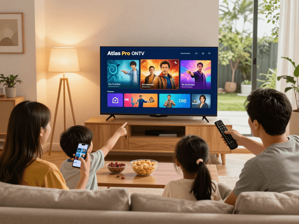 Profitez des moments en famille avec l'application atlas pro ontv dans un salon moderne.
