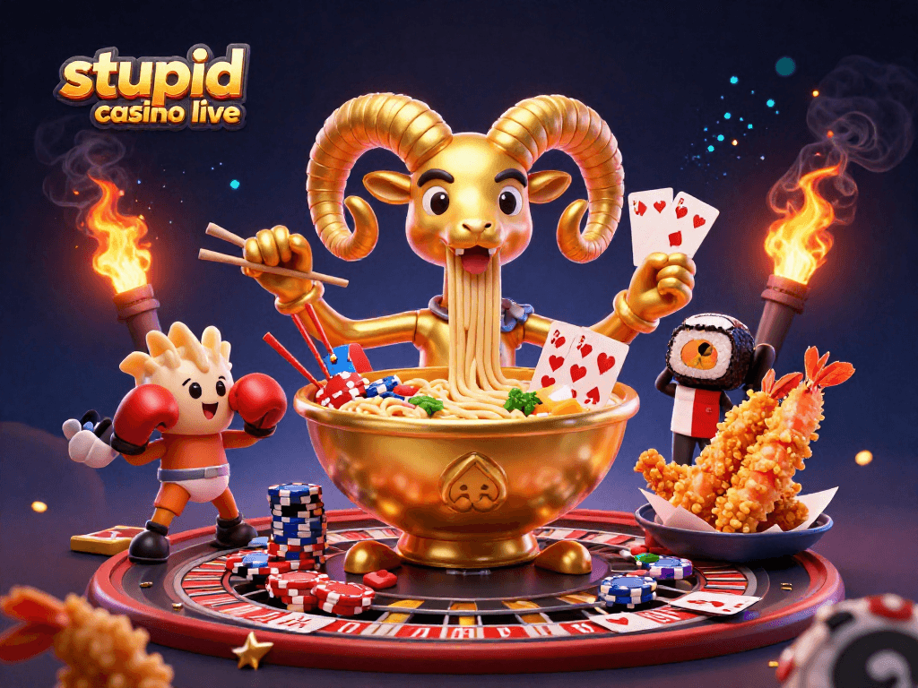 Jouez au casino en direct Stupid Casino avec des cartes et des jetons dans une scène immersive.