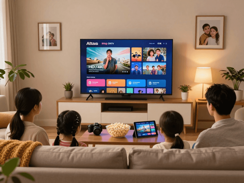 Atlas pro : famille profitant de contenu en HD/4K sur leur téléviseur dans un cadre chaleureux.