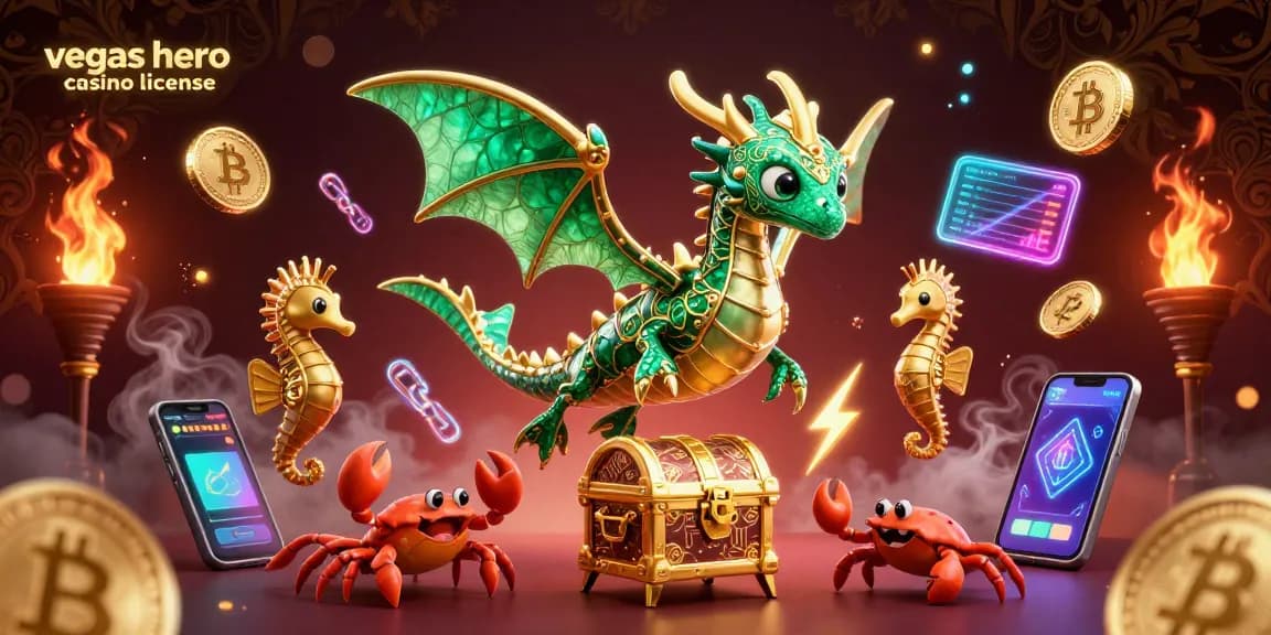 Visitez le site pour connaître la licence vegas hero casino, avec un dragon marin 3D en or et émeraudes.