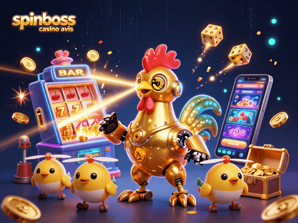 Découvrez le casino SpinBoss avis avec ce robot coq futuriste et des jeux de casino éclatants.