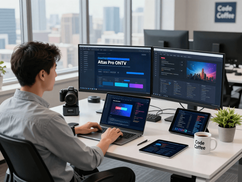 Équipe travaillant sur le développement d'Atlas pro ontv dans un bureau technologique moderne avec des écrans et des gadgets.