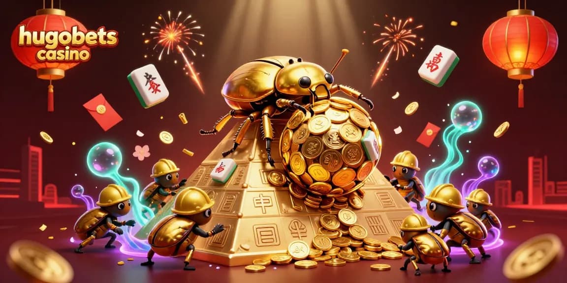 Experience the thrill of hugobets casino with vibrant visuals of beetles, golden coins, and dynamic casino elements.