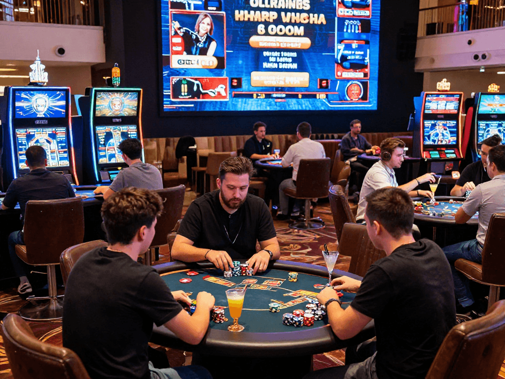Casino en ligne avec joueurs animés autour des tables, ambiance festive et promotions en arrière-plan.