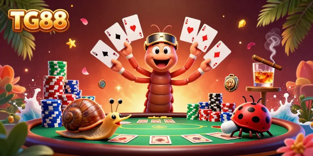 Engage with TG88's thrilling casino scene featuring a lively millipede dealer, poker cards, and vibrant chip stacks.