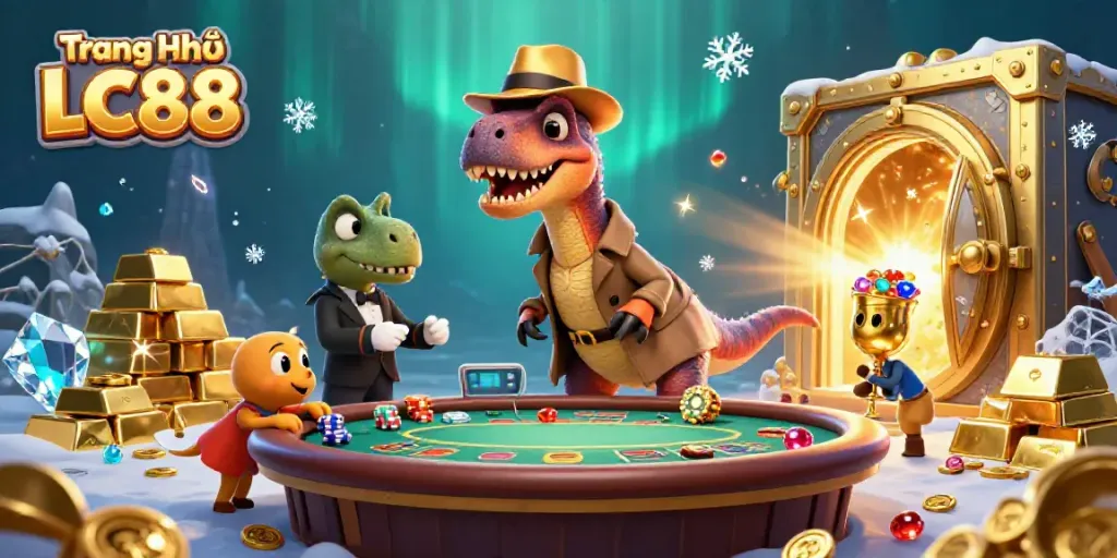 Catching the excitement at Trang Chủ LC88 as a velociraptor plays blackjack under the suspicious gaze of a stegosaurus pit boss amid treasures and jewels.