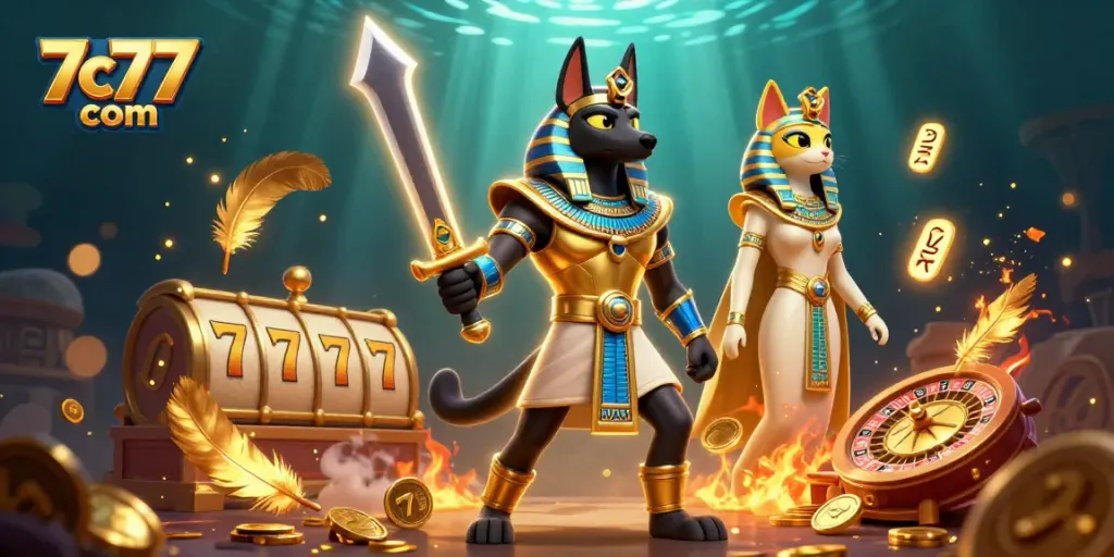 Experience the excitement of 7c77 com with an ultra-detailed casino illustration featuring Anubis and Bastet.
