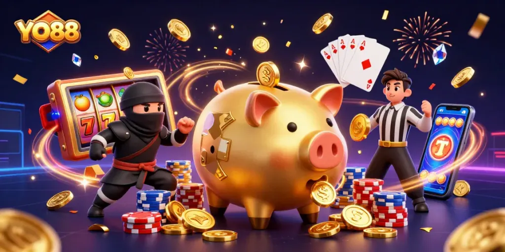 Engage with YO88's exciting atmosphere featuring a sumo wrestler, coins, and dynamic slot elements.