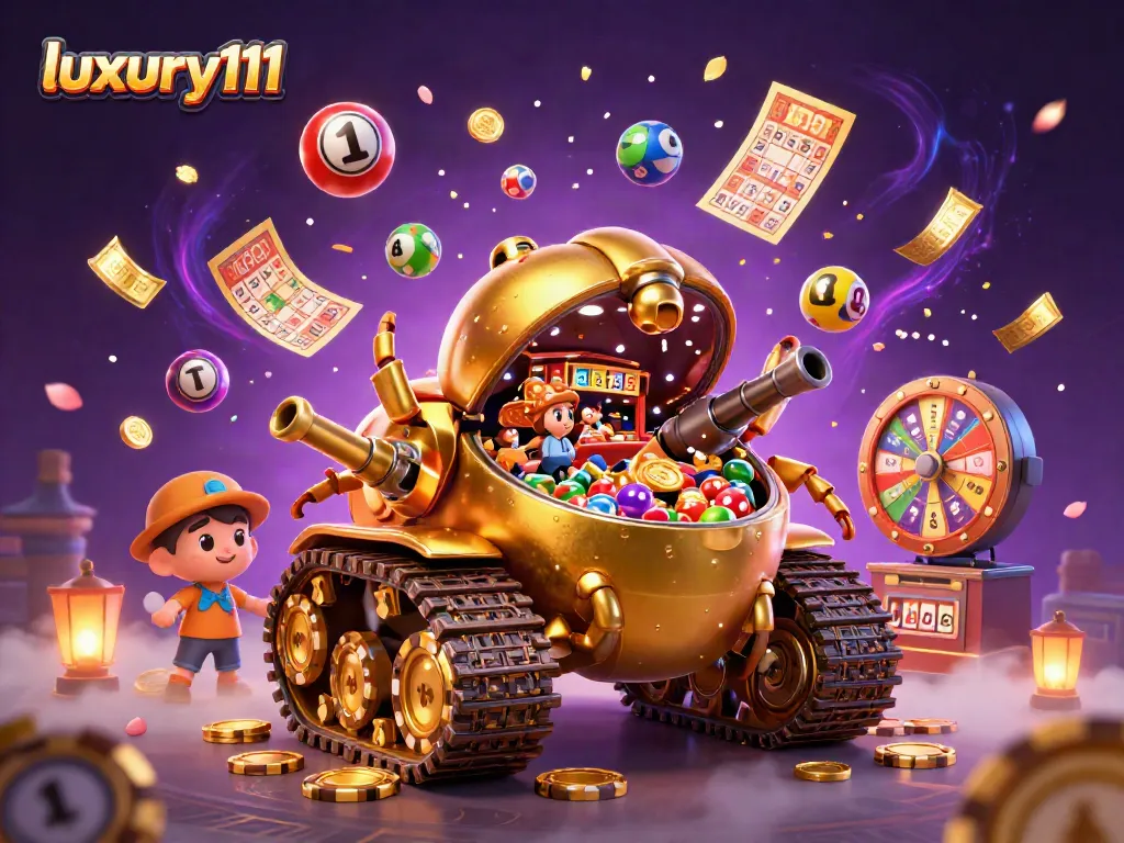 Experience luxury111 gameplay in a vibrant 3D casino scene with golden beetle tank, vibrant lottery elements, and dynamic confetti.