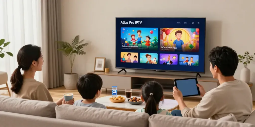 Famille heureuse profitant d'Atlas Pro IPTV sur leur Smart TV avec des boissons et des collations.
