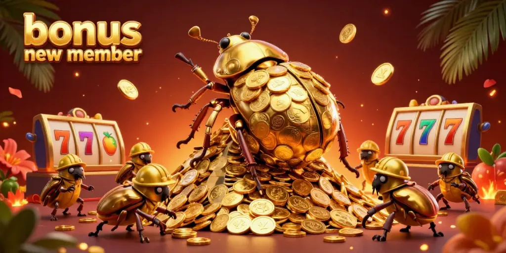 Engage in thrilling gameplay with bonus new member offers featuring vibrant casino elements and golden winnings.