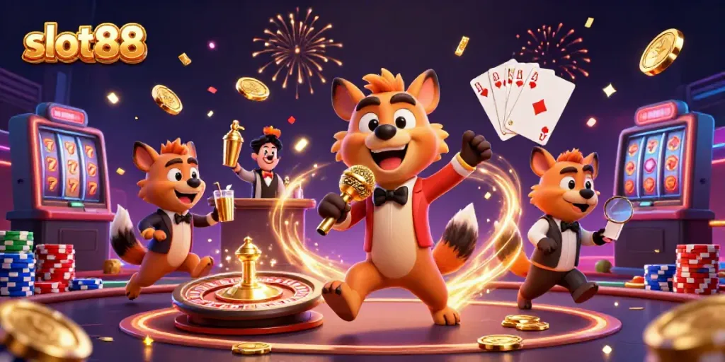 Experience the excitement of slot88 with comedic hyenas in a vibrant casino scene.