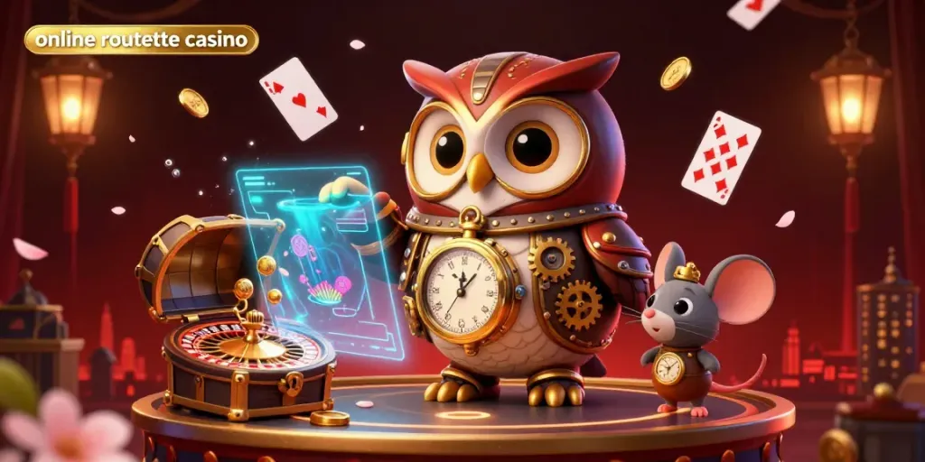 Engage with the online roulette casino experience featuring a vibrant steampunk owl amidst glamorous casino elements.