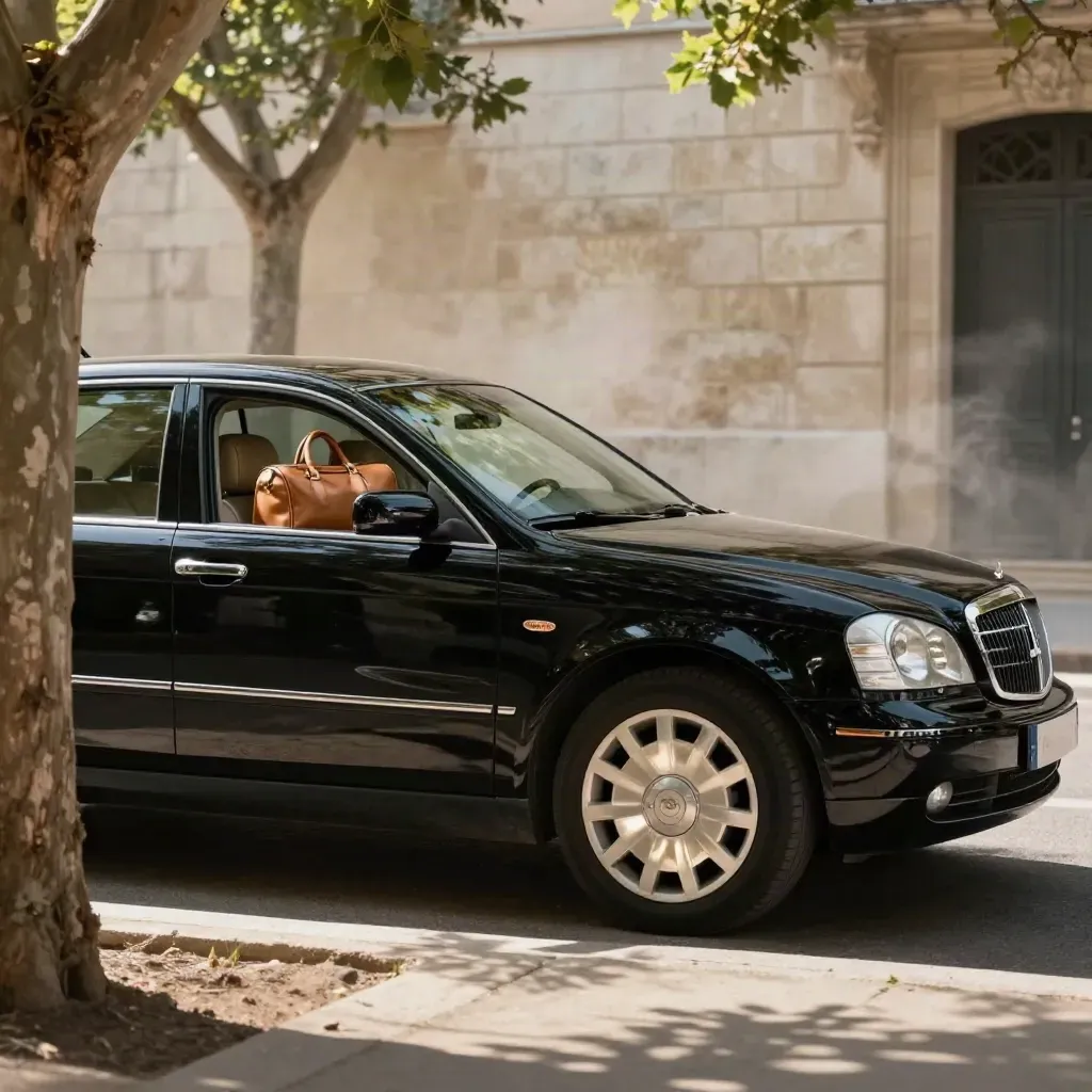Berline noire de chauffeur à l’ombre de platanes, weekender en cuir visible par la vitre ouverte.
