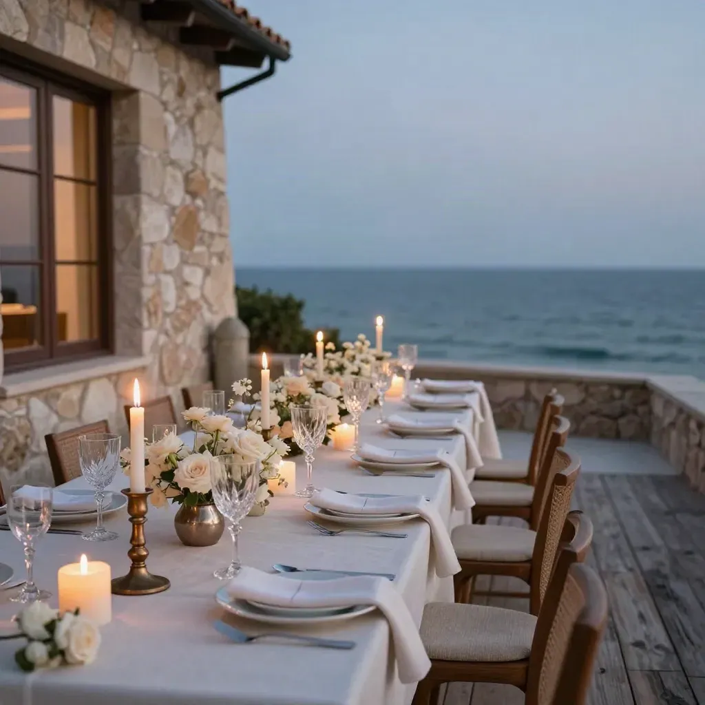 Table de dîner privé dressée en terrasse face à la mer, bougies allumées au crépuscule.
