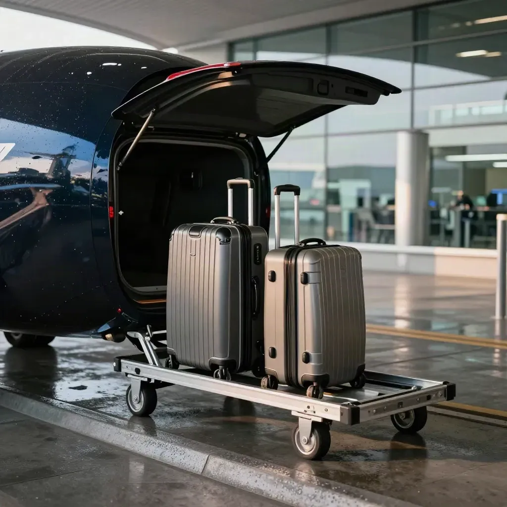 Navette VIP noire à l’aéroport, valises rigides ouvertes, sol humide et terminal vitré.