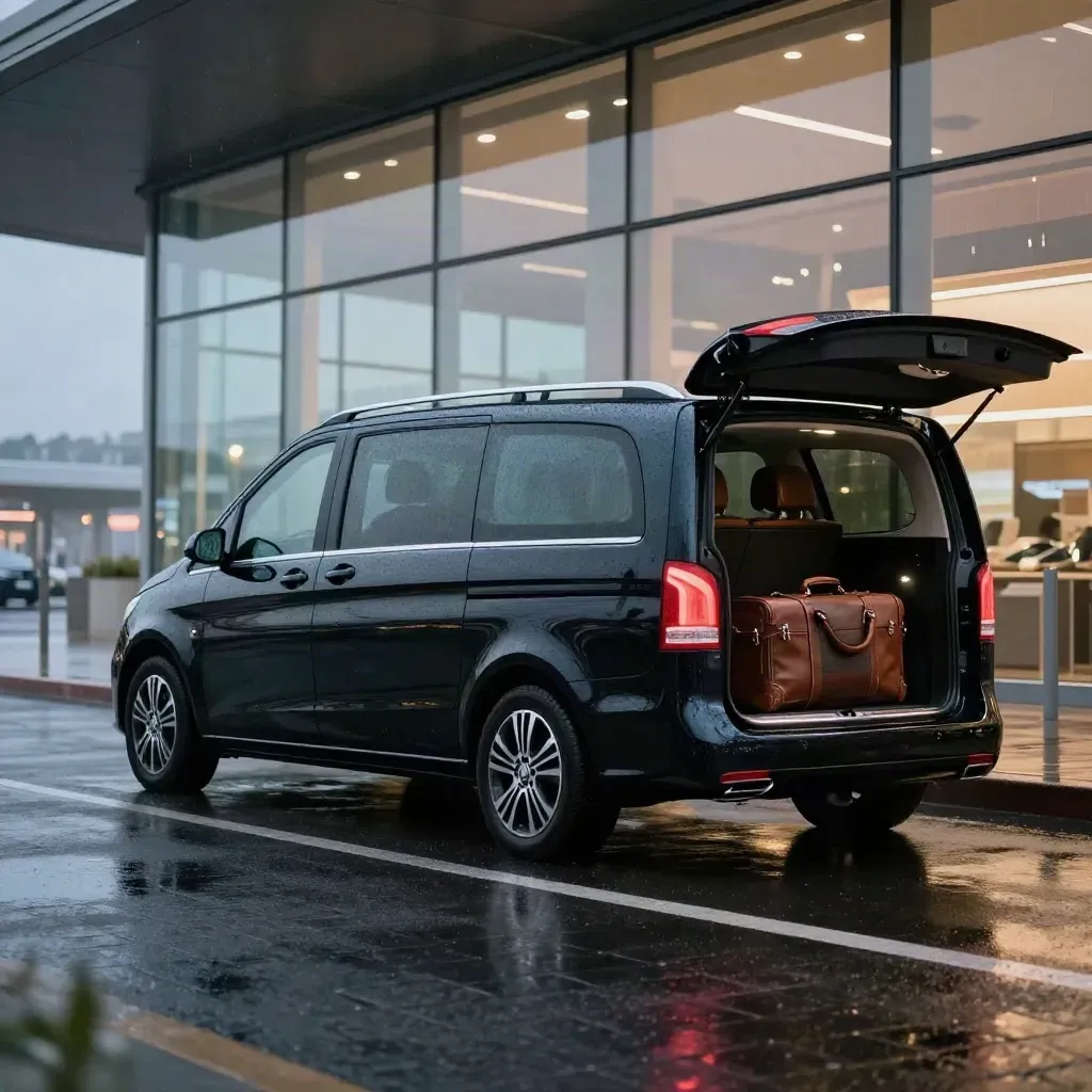 Mercedes noir devant l’aéroport mouillé, valises cuir ouvertes dans la lumière bleue du soir.