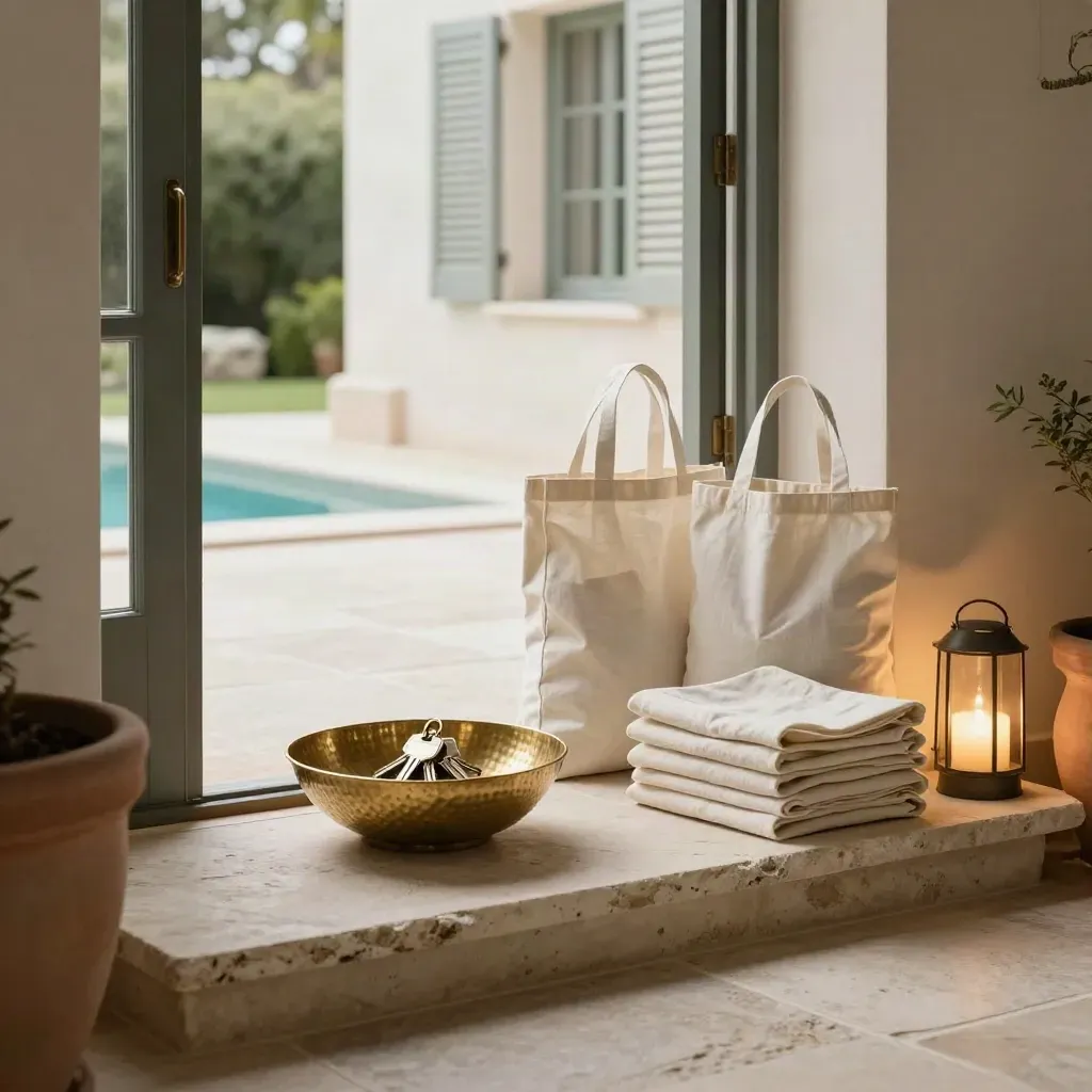 Entrée de villa préparée avec clés, courses, linge plié et lampe d’accueil sur seuil de pierre.