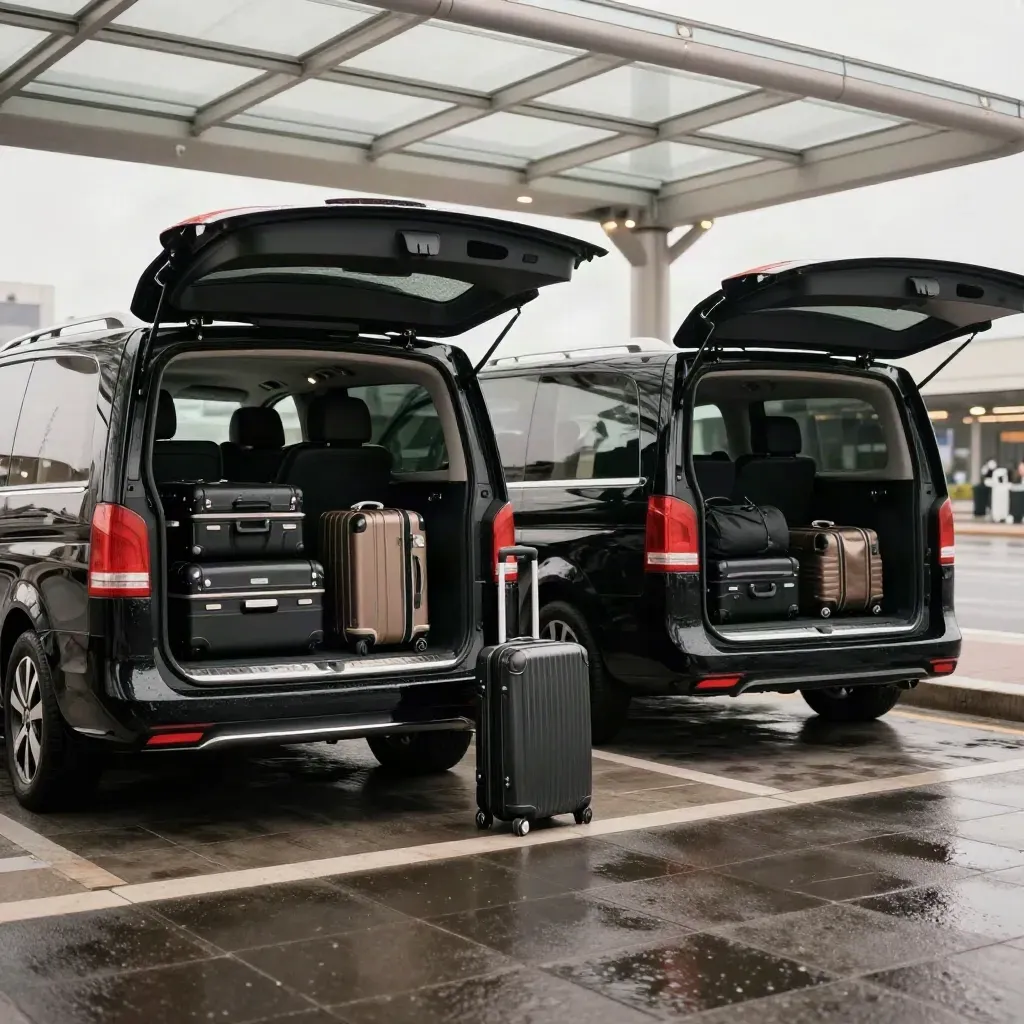 Deux vans noirs de prestige au terminal de Cannes avec bagages ouverts sur pavés mouillés.