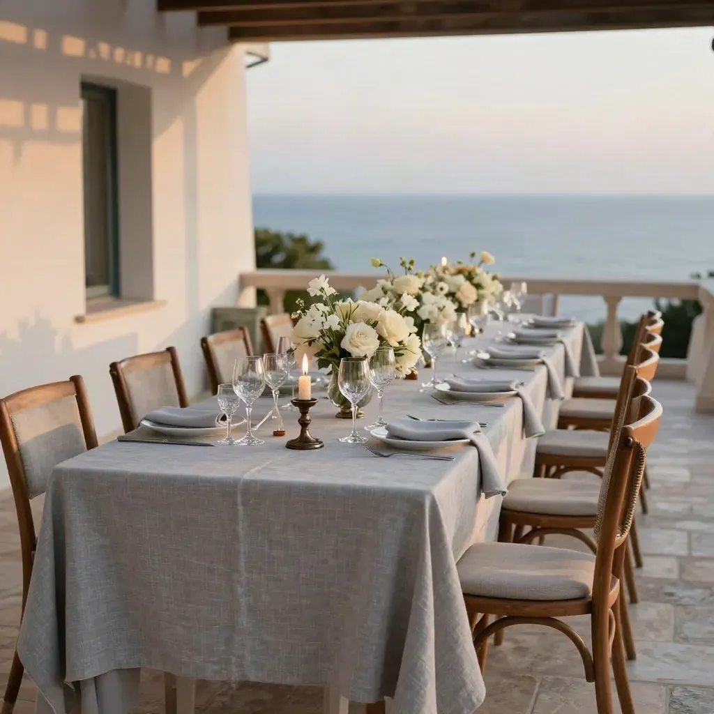Table de dîner privée dressée face à la mer, bougies et fleurs basses sur une terrasse à Saint-Tropez.