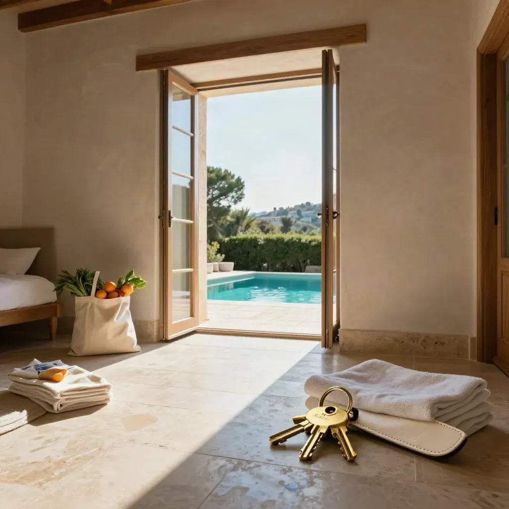 Villa prête, clés, courses et serviettes près d’une piscine visible par les portes ouvertes.