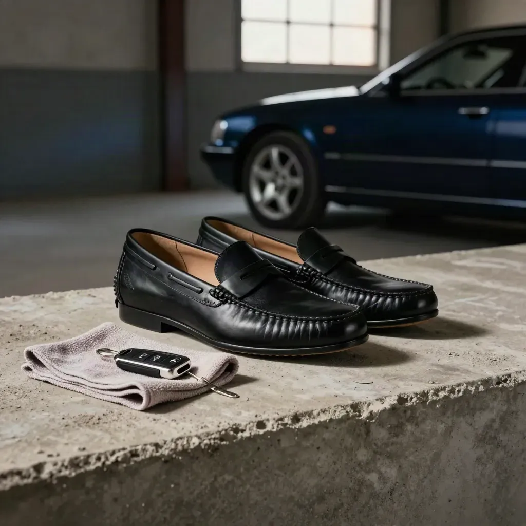 Mocassins noirs, clé de voiture et chiffon microfibre sur une étagère de garage en béton.