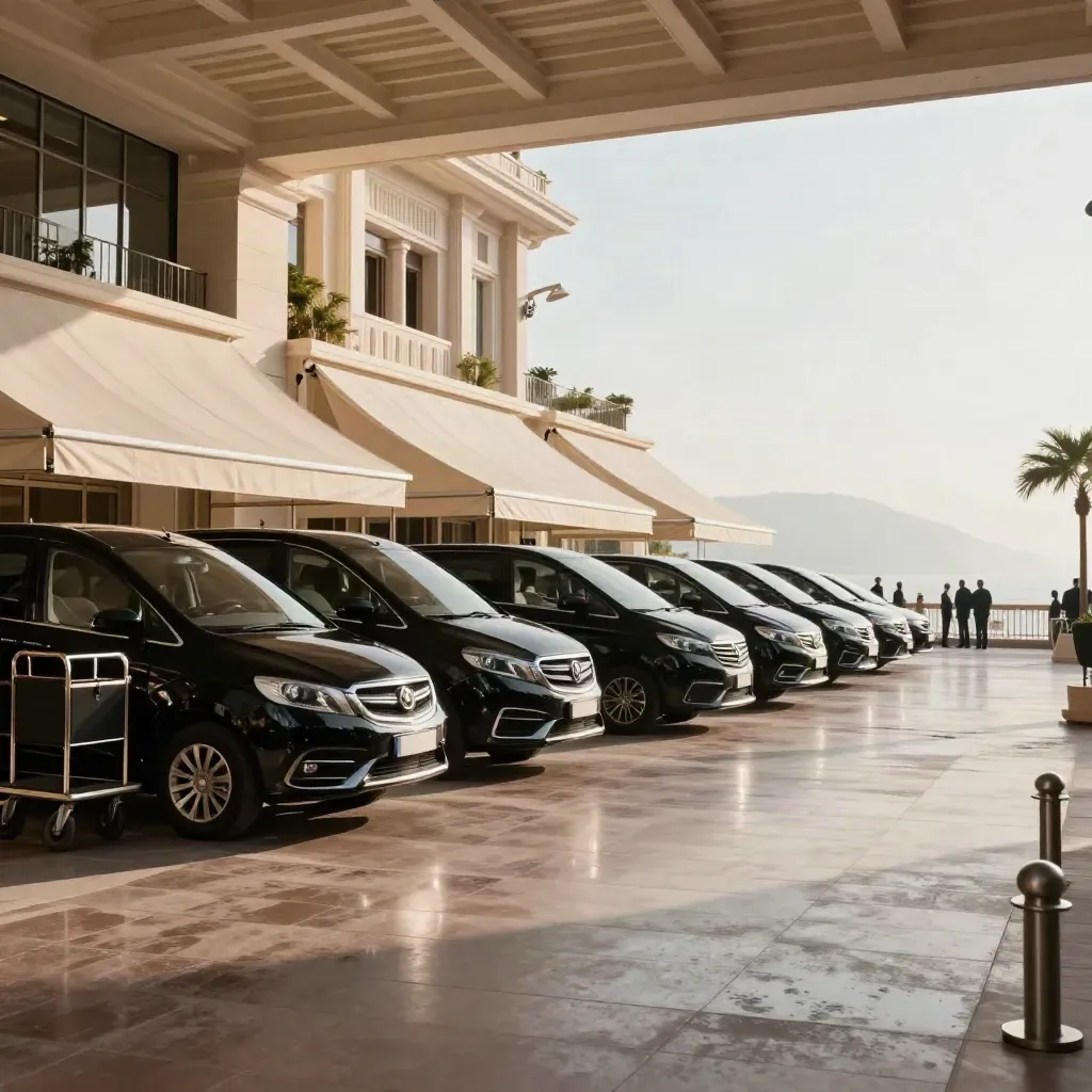 Navettes noires alignées devant l’entrée d’un séminaire à Monaco, avec chariots et auvents ivoire.