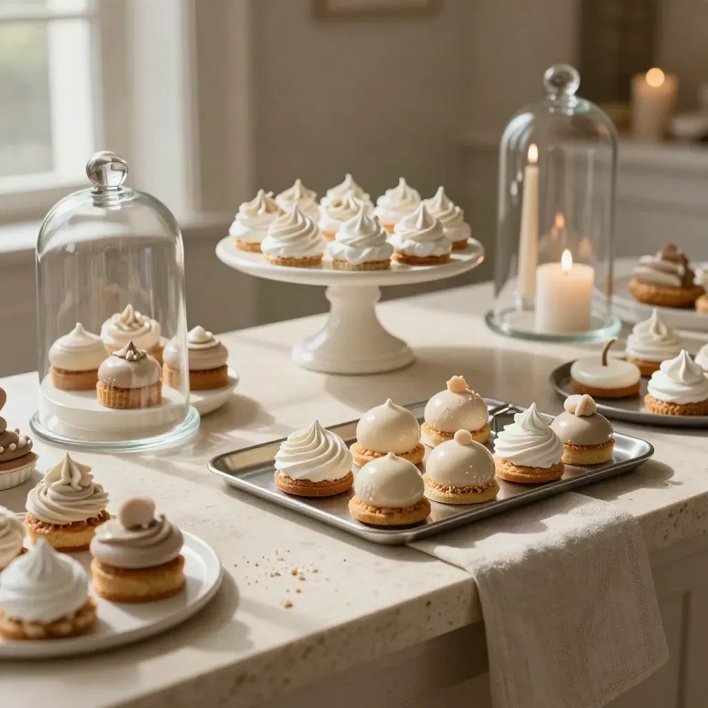 Buffet de desserts monochromes avec cloches en verre, bougies et support à gâteau en pierre.