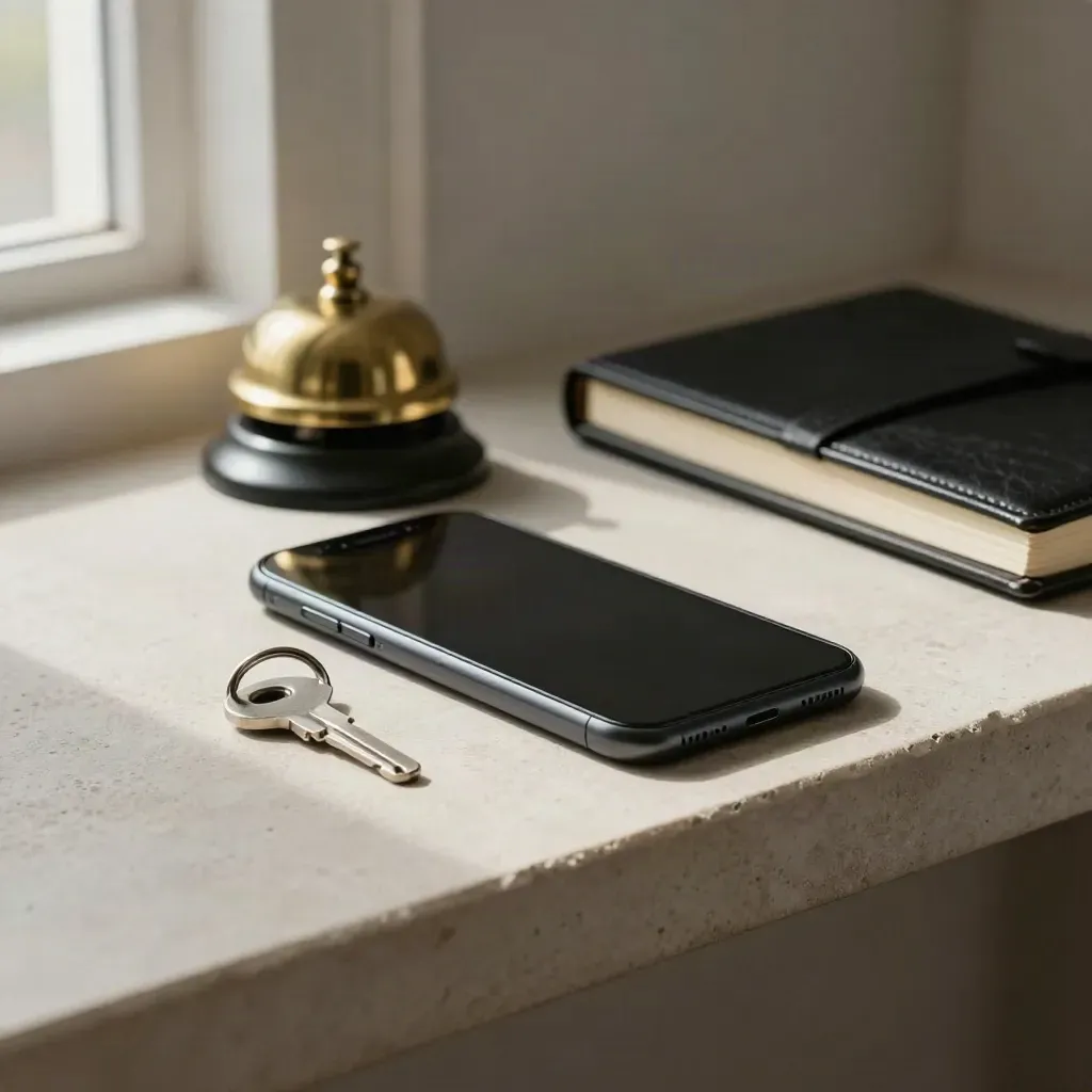 Smartphone noir, sonnette laiton, porte-clés et carnet en cuir sur une étagère de pierre ivoire.