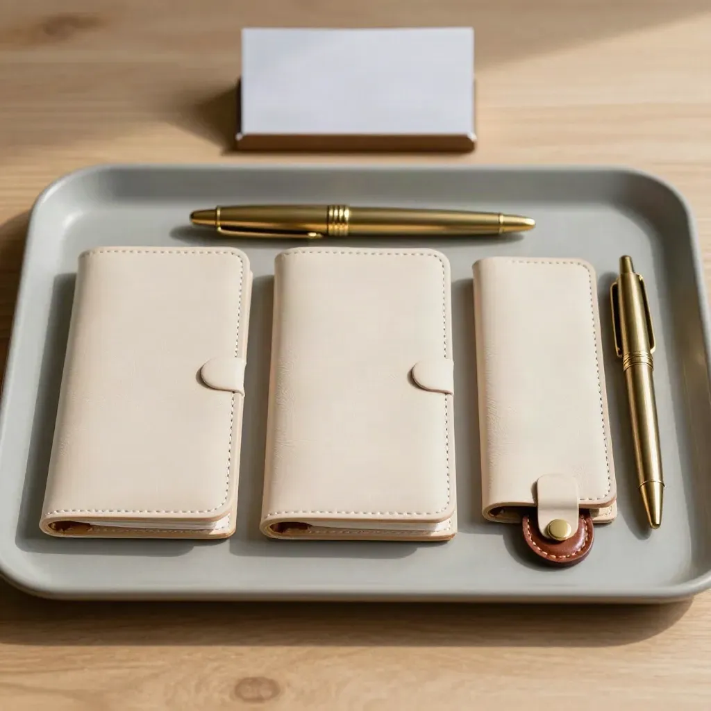 Trois étuis de clé, un stylo laiton et un disque cuir sur plateau mat, vue zénithale.