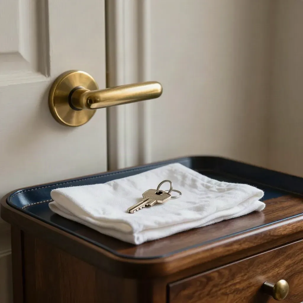 Anneau de clés, poignée laiton et linge plié sur console en bois sombre, lumière douce.