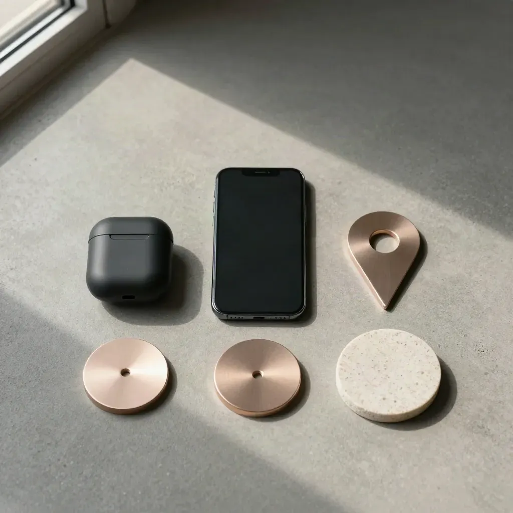 Flatlay vu du dessus d’un téléphone fermé, d’un boîtier d’oreillette et de jetons sur pierre.