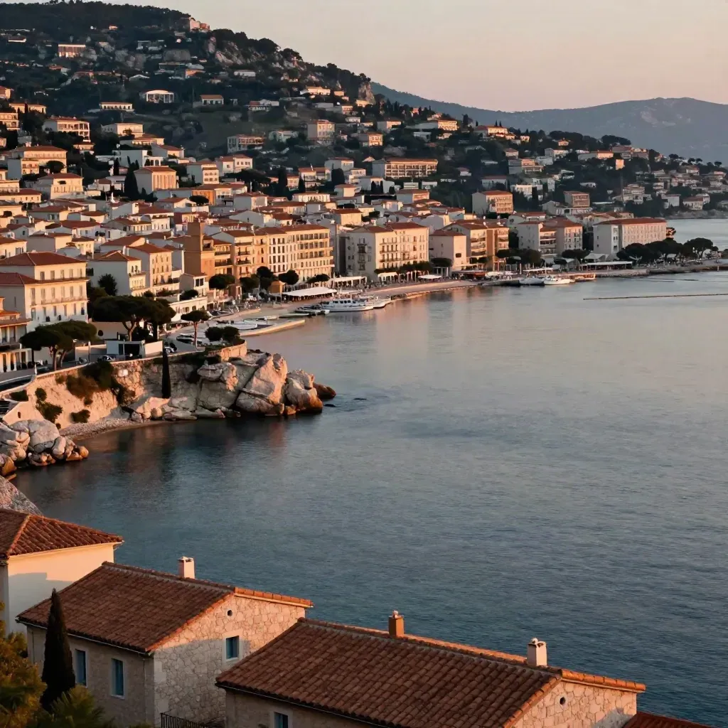 Côte d’Azur au crépuscule, baie calme, collines bâties et toits terracotta.