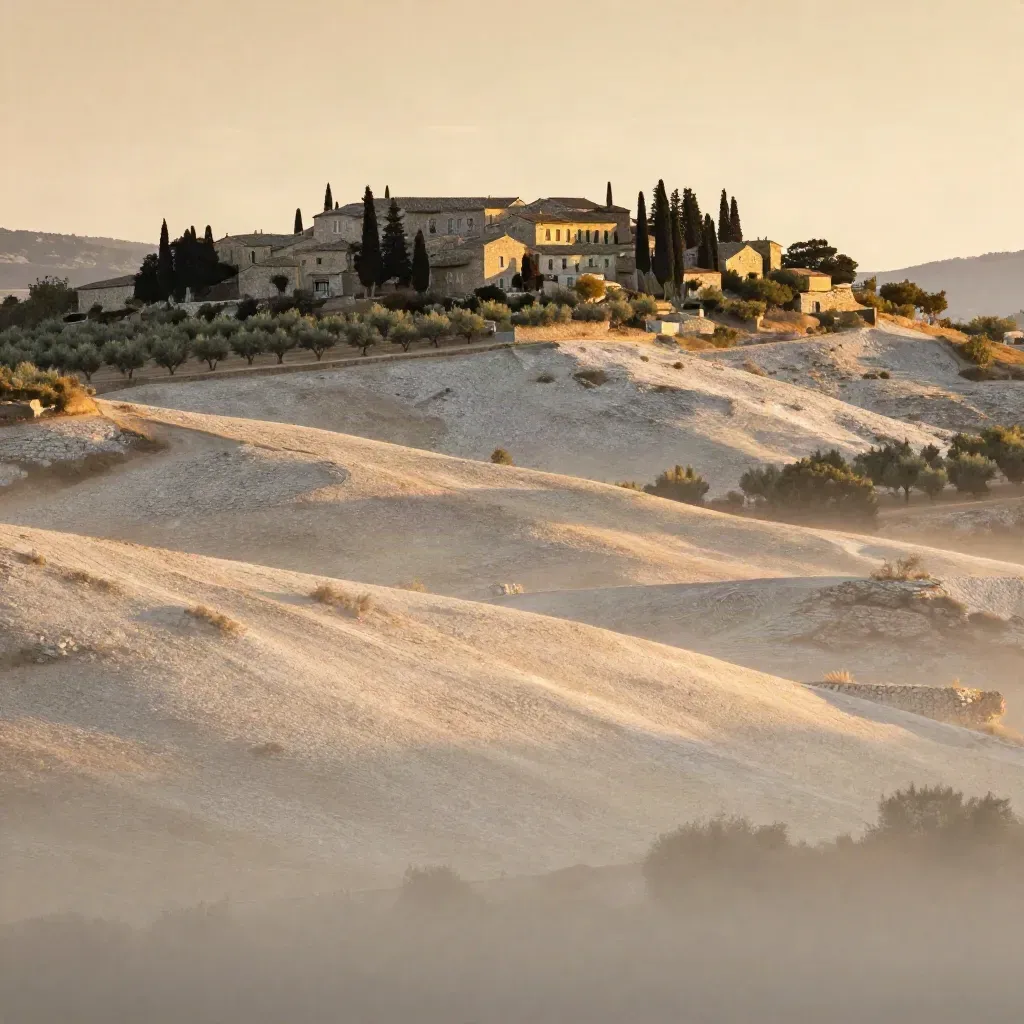 Village de pierre en Provence sous une lumière dorée, cyprès fins et collines pâles.