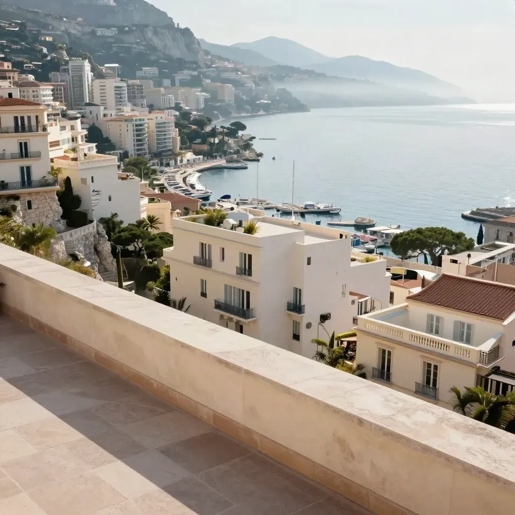 Vue aérienne de Monaco et de la Riviera, façades blanches, marina lointaine, mer calme dans la brume.