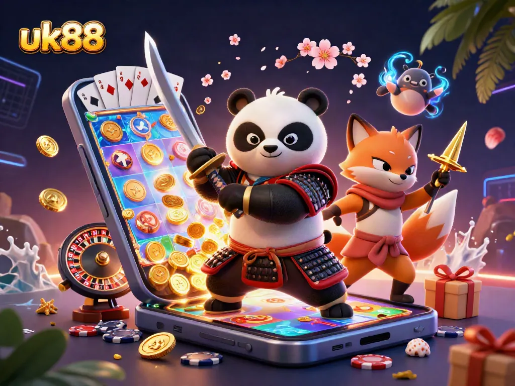 Engage with uk88's thrilling slots and jackpots in this immersive 3D illustration scene.