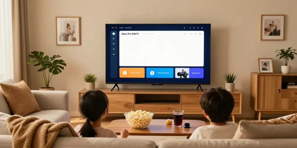 L'expérience de divertissement à domicile avec l'application atlas pro ONTV dans un salon chaleureux.
