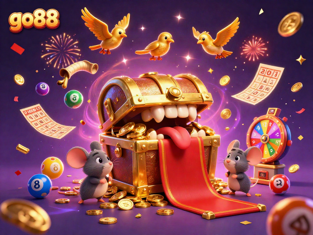 Engage with go88's exciting lottery games featuring colorful balls and golden treasures.