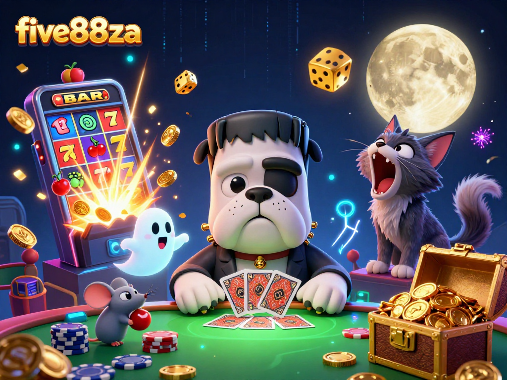 Five88za showcases a thrilling casino scene with characters dealing cards and winning jackpots.