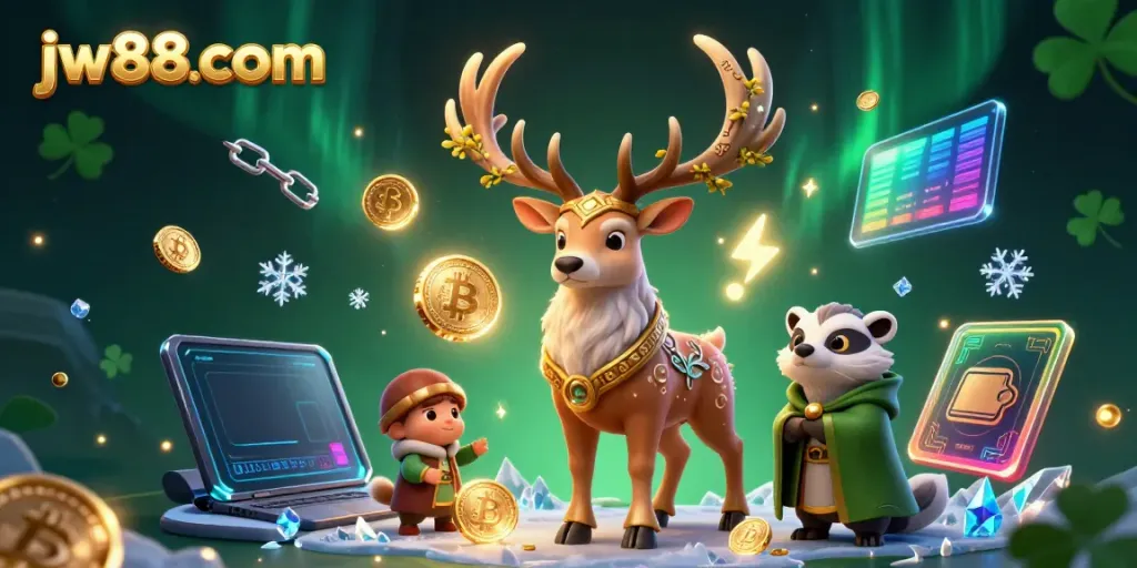 Engage with the fantasy casino world of jw88 com showcasing the Celtic druid stag, surrounded by crypto game elements.