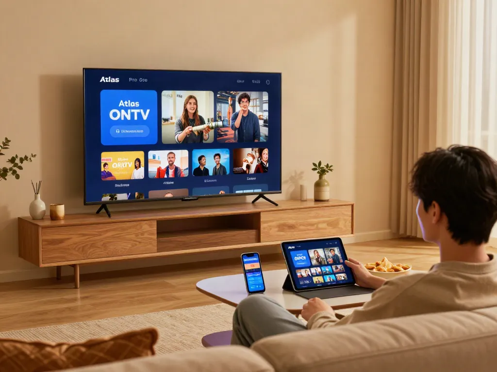 Profitez des chaînes en direct sur Atlas Pro avec une famille réunie devant leur Smart TV.
